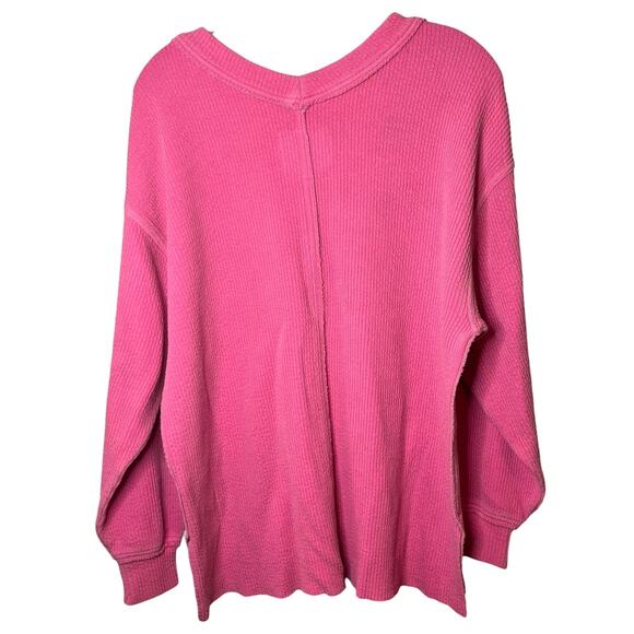 Aerie Wonder Textured V-Neck Sweatshirt Pink Oversized Cozy Waffle Knit Sz XS - Picture 7 of 8